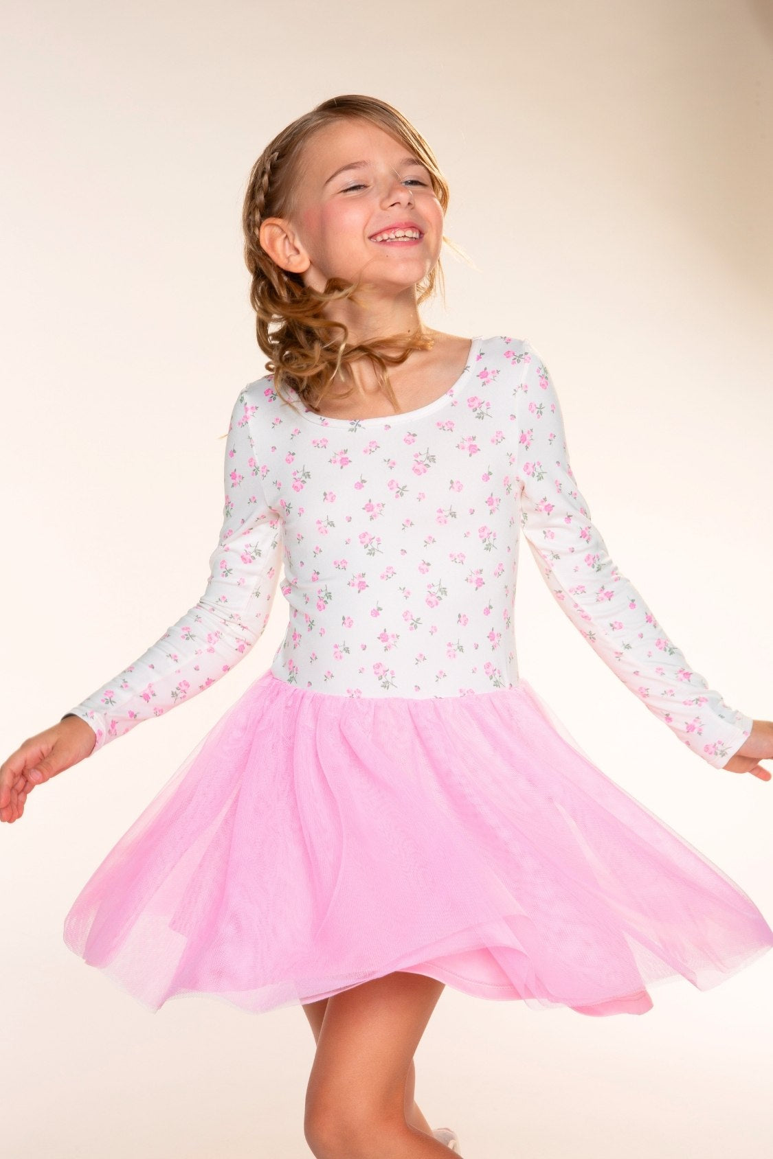 Simply Soft Long Sleeve Scoop Back Tulle Be Happy Dress - Pink Floral Bow Ivory - NEW!