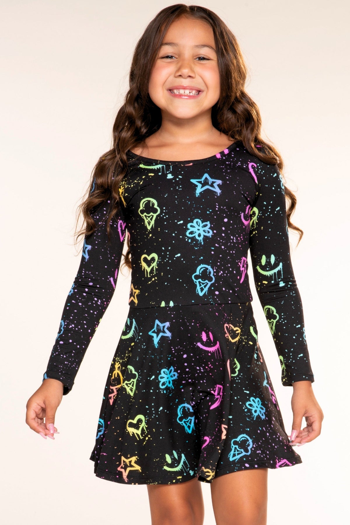 3 Pack Simply Soft L/S Skater Dress - Black Tie Dye Rainbow Splatter | Pastel Rainbow Sketch Emoji | Black Rainbow Tie Dye Star - NEW!