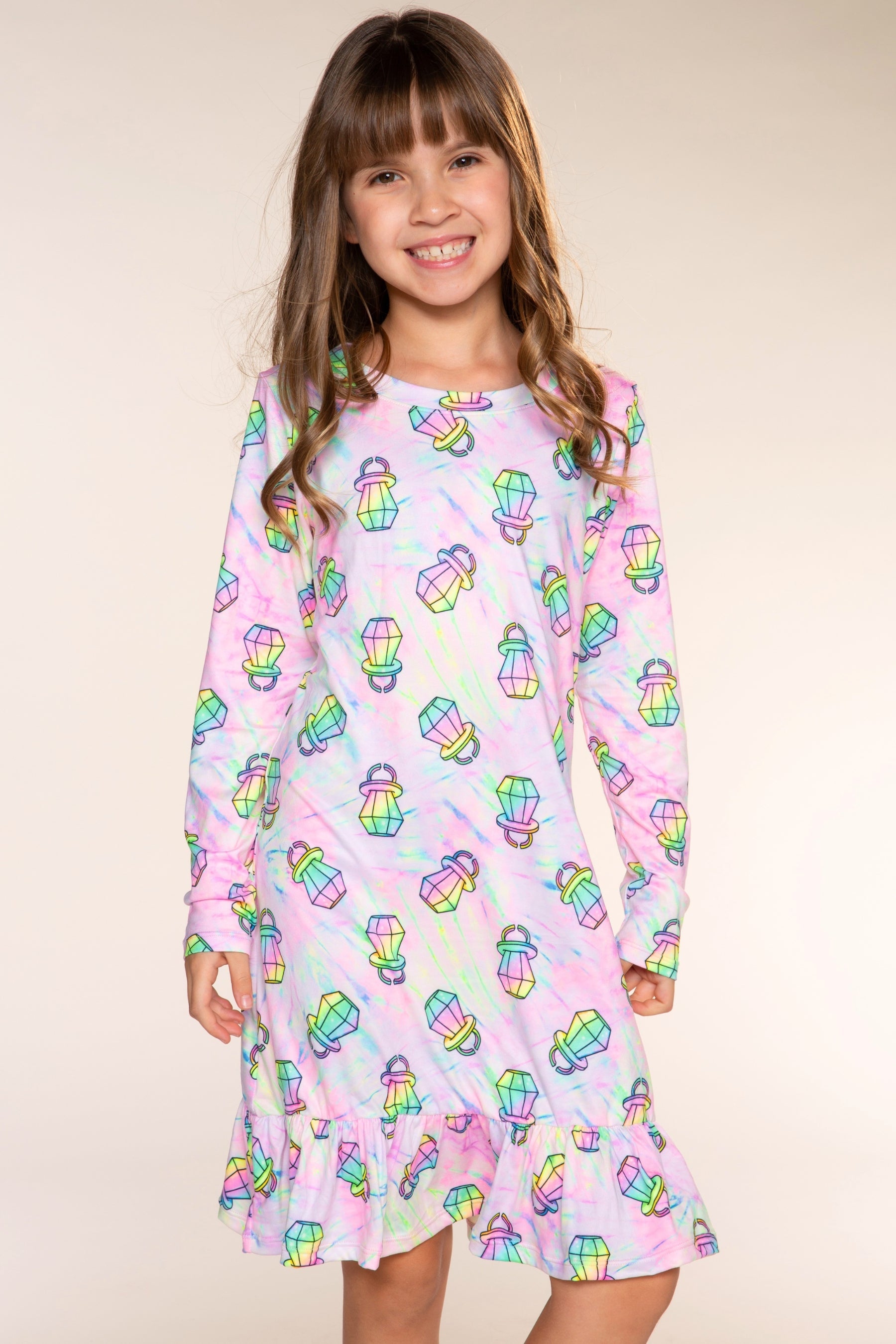 Simply Soft Long Sleeve Ruffle Lounge Dress - Rainbow Tie Dye Ring Pop - NEW!