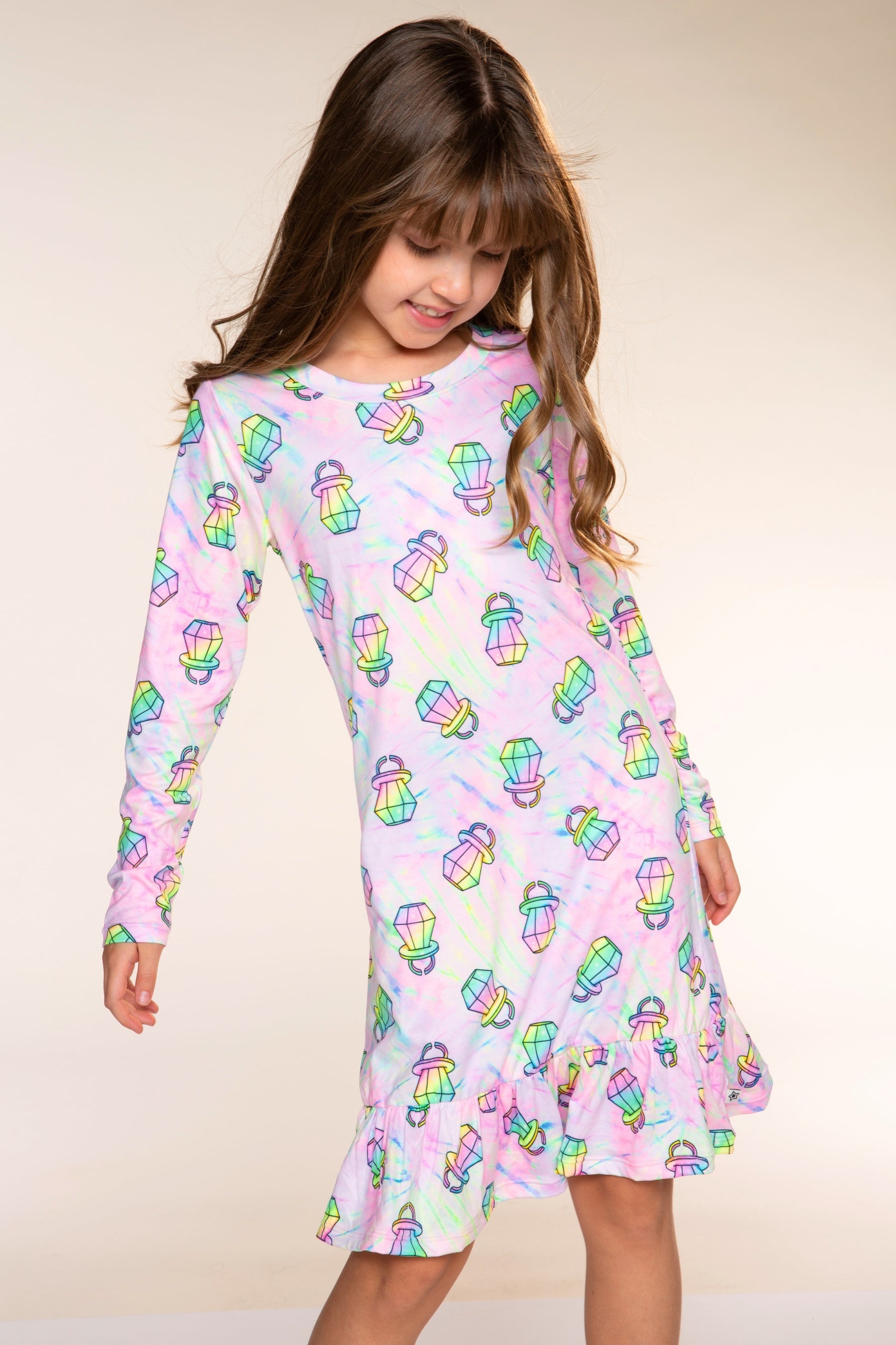 Simply Soft Long Sleeve Ruffle Lounge Dress - Rainbow Tie Dye Ring Pop - NEW!