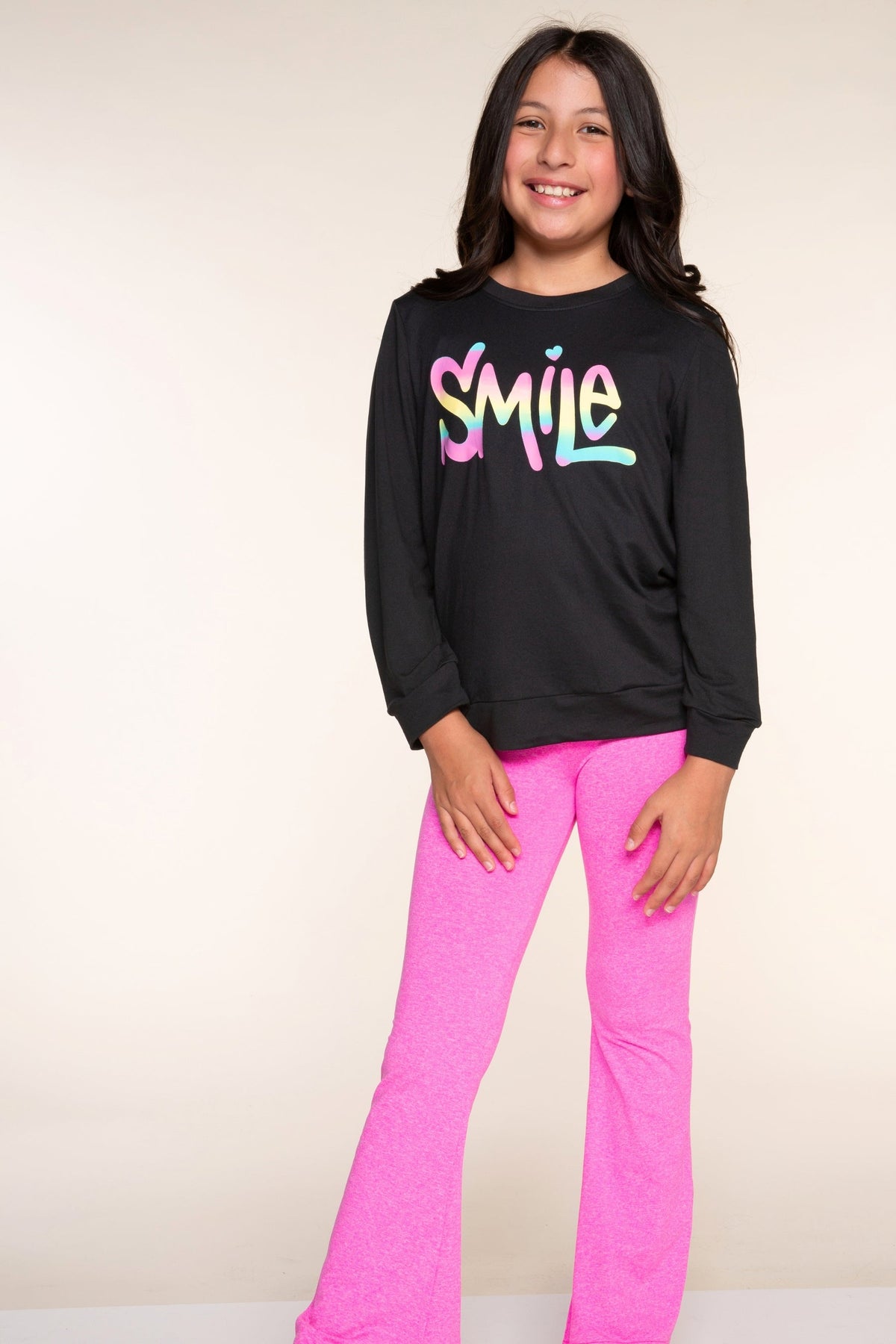 Simply Soft Long Sleeve Crew Top - Black Rainbow Gradient Smile - NEW
