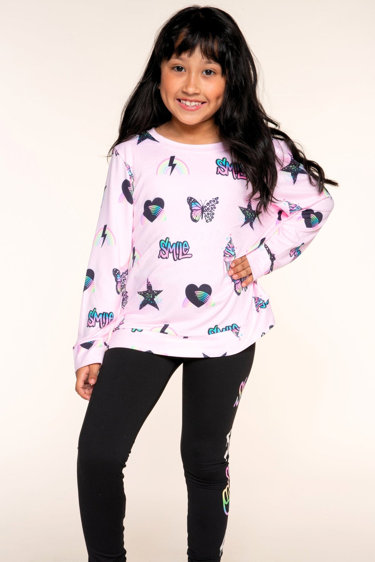 Simply Soft Long Sleeve Crew Top - Black Rainbow Gradient Smile - NEW