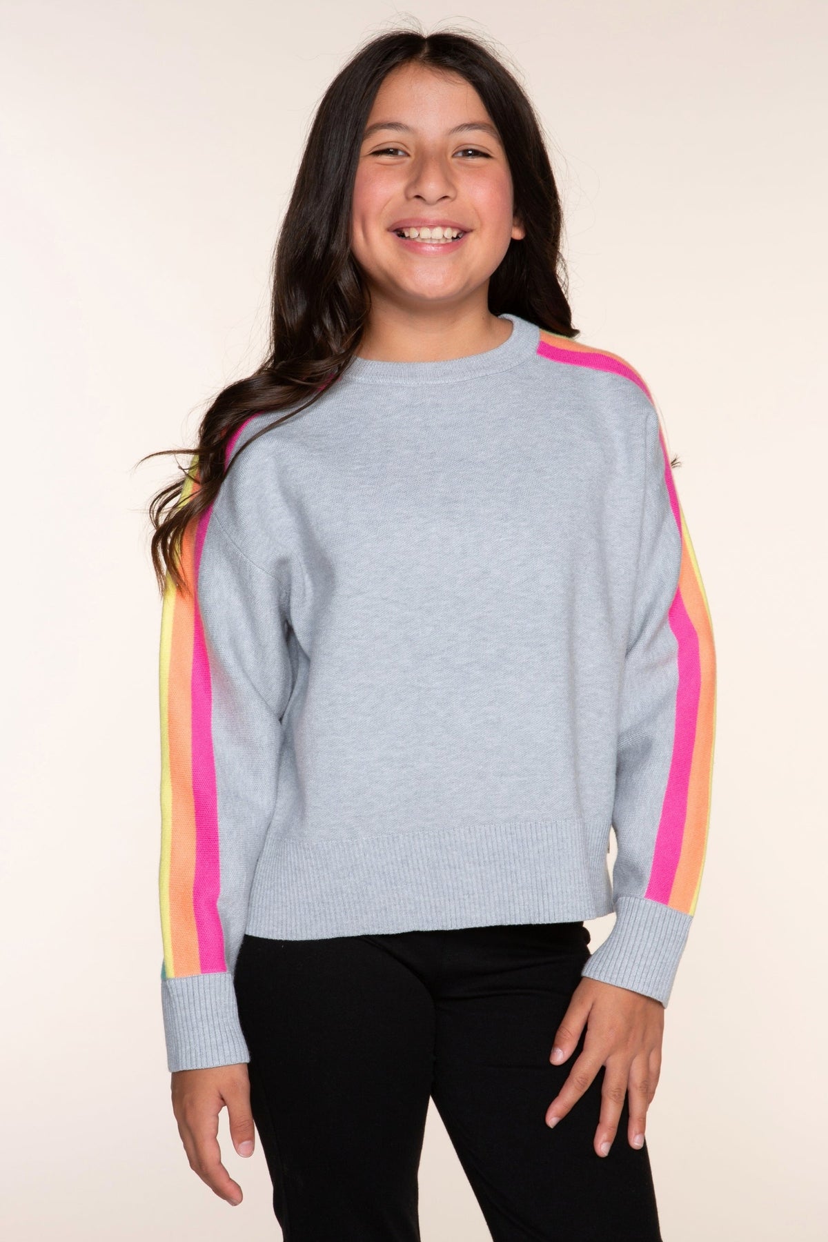 Yummy Soft Raglan Sweater - Heather Grey Rainbow Stripe - NEW!