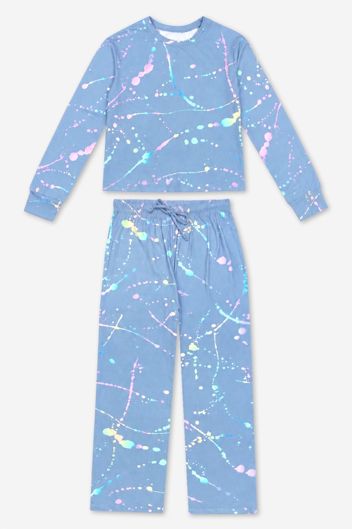 Simply Soft Long Sleeve Easy Tee & Karate Pant - Denim Rainbow Splatter - NEW!