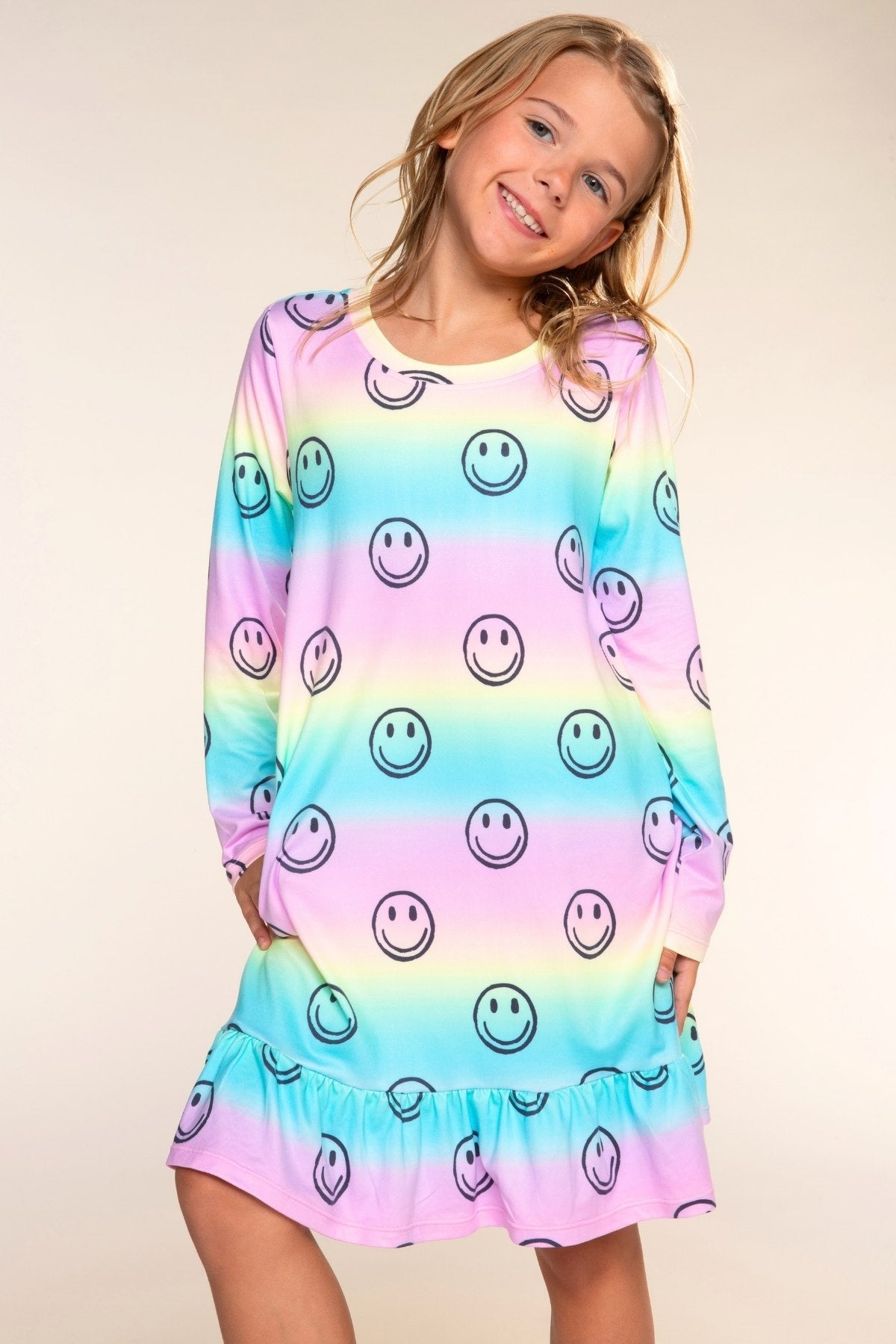 Simply Soft Long Sleeve Ruffle Lounge Dress - Rainbow Smile - NEW!