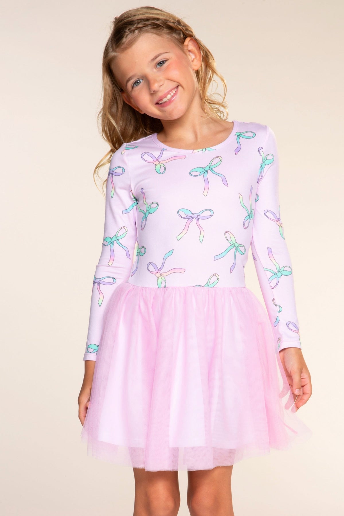 Simply Soft Long Sleeve Ballet Be Happy Tulle Dress - Pink Rainbow Bow - NEW!