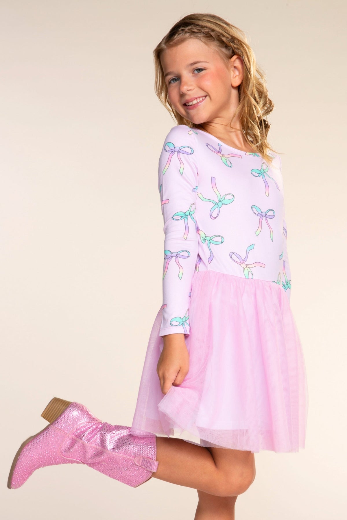 Simply Soft Long Sleeve Ballet Be Happy Tulle Dress - Pink Rainbow Bow - NEW!