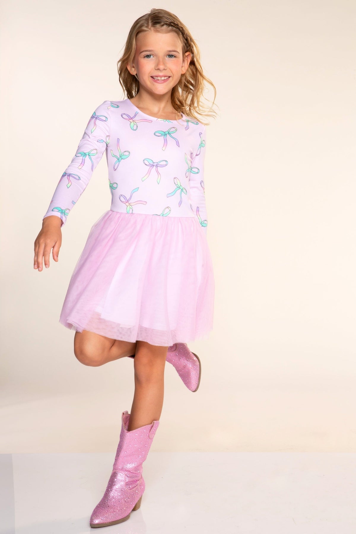 Simply Soft Long Sleeve Ballet Be Happy Tulle Dress - Pink Rainbow Bow - NEW!