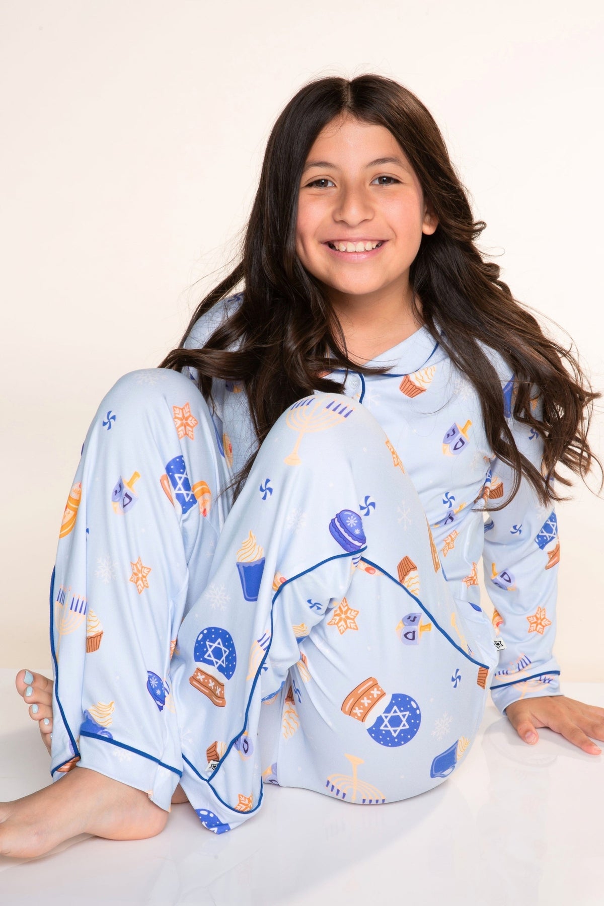 Unisex Long Sleeve Simply Soft Button Down Top & Karate Pant - Ice Blue Hanukkah - NEW!