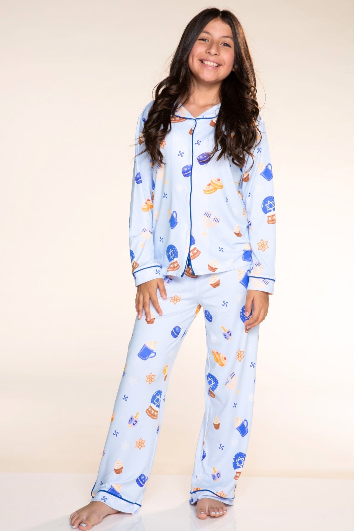 Unisex Long Sleeve Simply Soft Button Down Top & Karate Pant - Ice Blue Hanukkah - NEW!