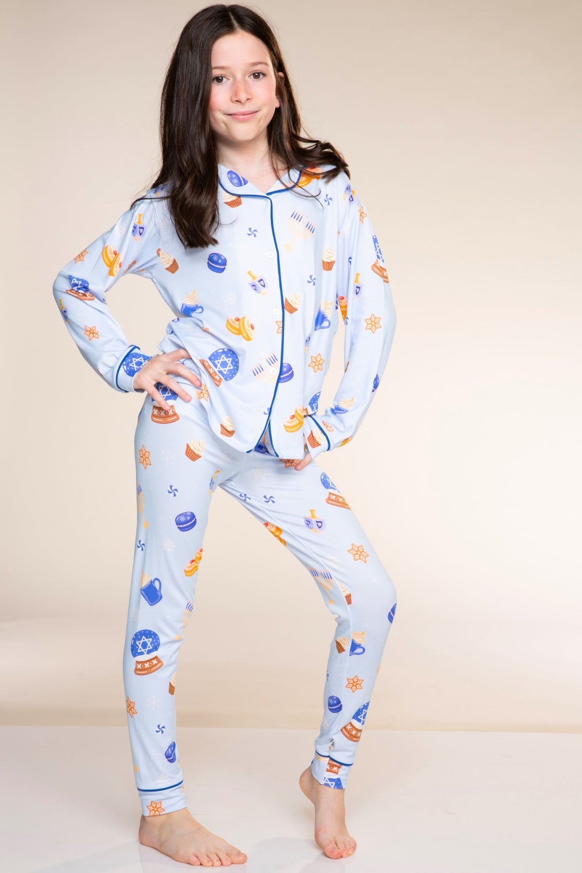 Unisex Long Sleeve Simply Soft Button Down Top & Slim Lounge Pant - Ice Blue Hanukkah - NEW!