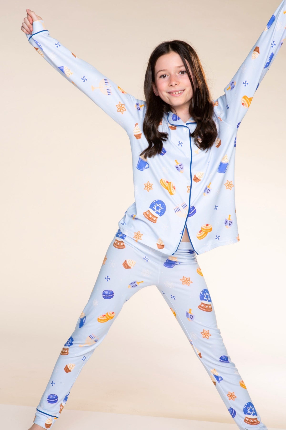 Unisex Long Sleeve Simply Soft Button Down Top & Slim Lounge Pant - Ice Blue Hanukkah - NEW!