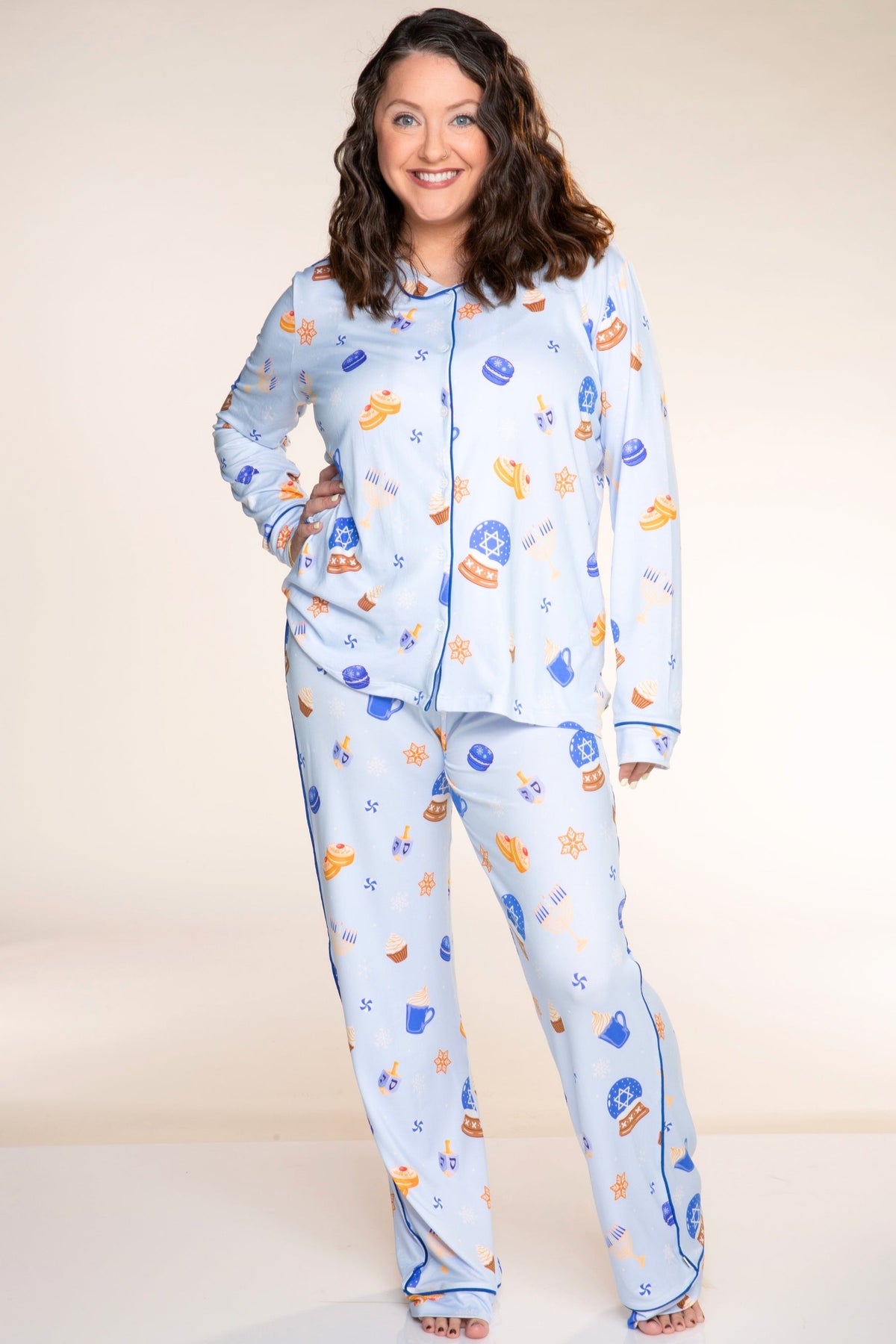 Women's Long Sleeve Simply Soft Button Down Top & Karate Pant - Ice Blue Hanukkah - NEW!