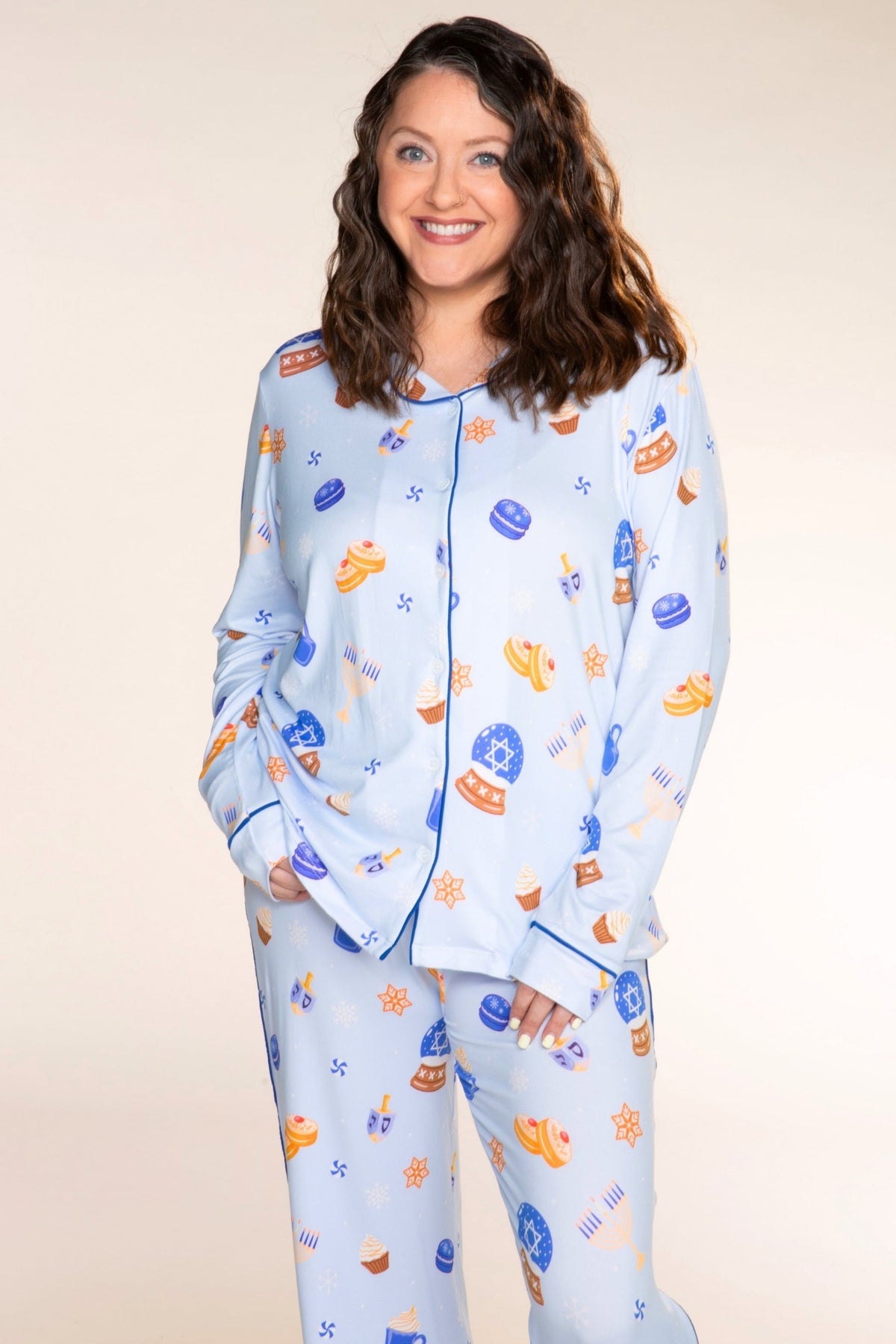 Women's Long Sleeve Simply Soft Button Down Top & Karate Pant - Ice Blue Hanukkah - NEW!