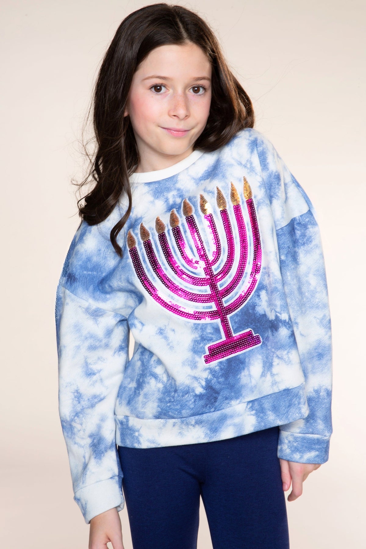 Cloud Soft French Terry Crew Sweatshirt - Blue Ivory Tie Dye Pink Menorah Sequin - NEW!