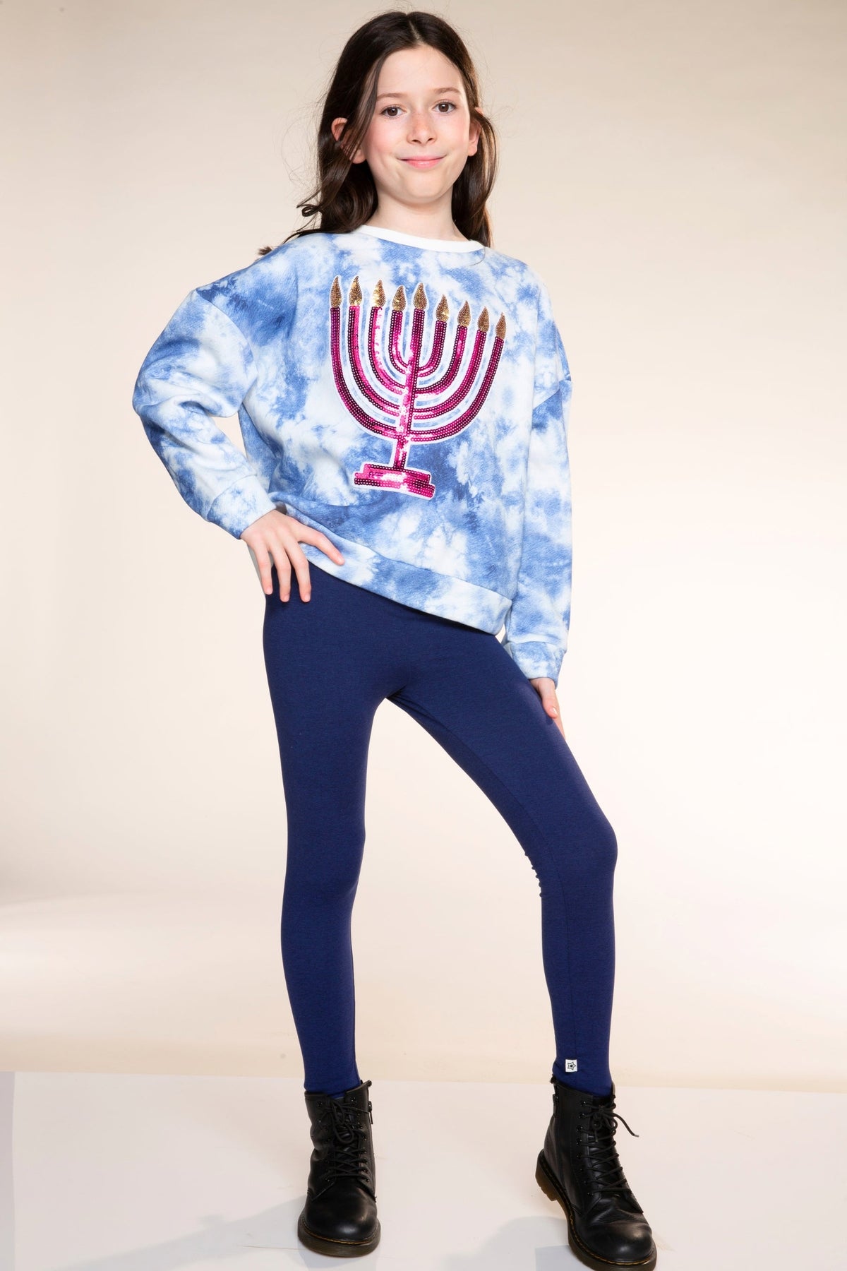 Cloud Soft French Terry Crew Sweatshirt - Blue Ivory Tie Dye Pink Menorah Sequin - NEW!