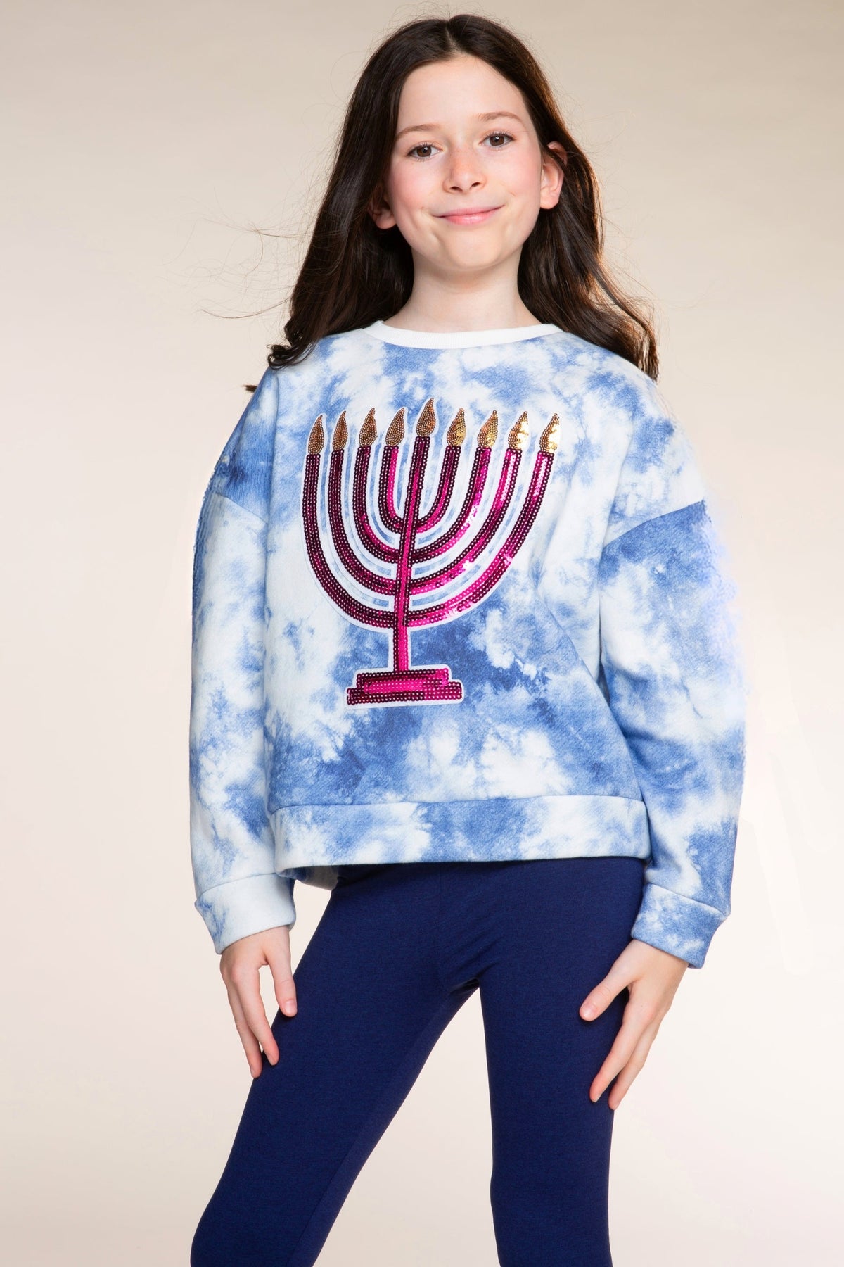 Cloud Soft French Terry Crew Sweatshirt - Blue Ivory Tie Dye Pink Menorah Sequin - NEW!