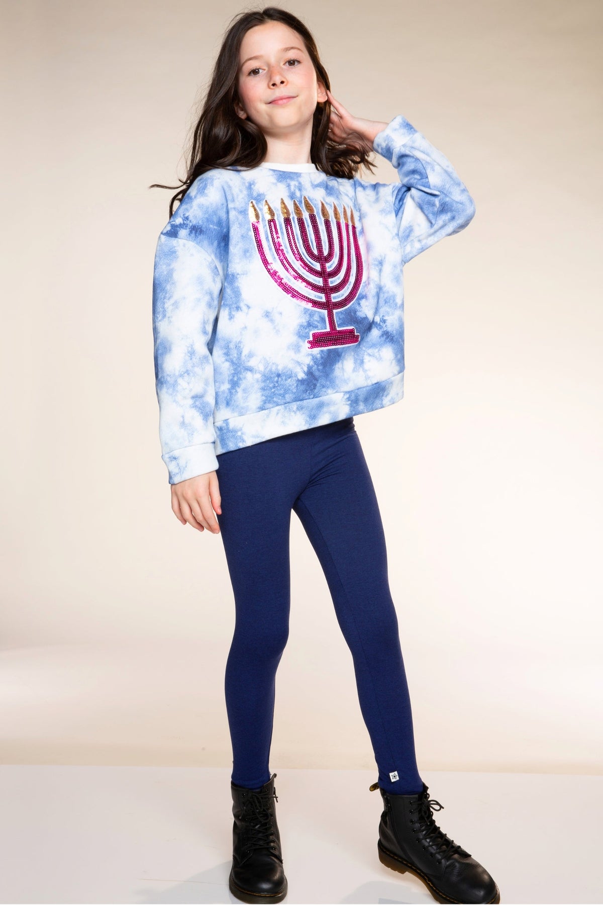 Cloud Soft French Terry Crew Sweatshirt - Blue Ivory Tie Dye Pink Menorah Sequin - NEW!