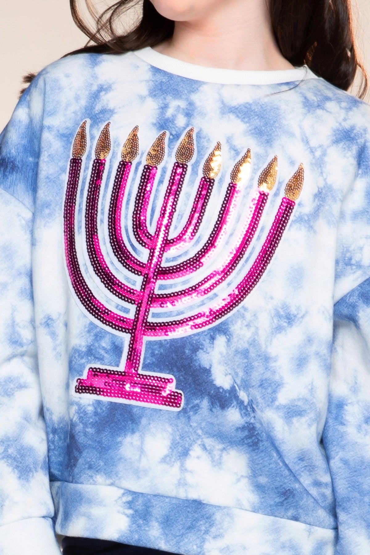 Cloud Soft French Terry Crew Sweatshirt - Blue Ivory Tie Dye Pink Menorah Sequin - NEW!