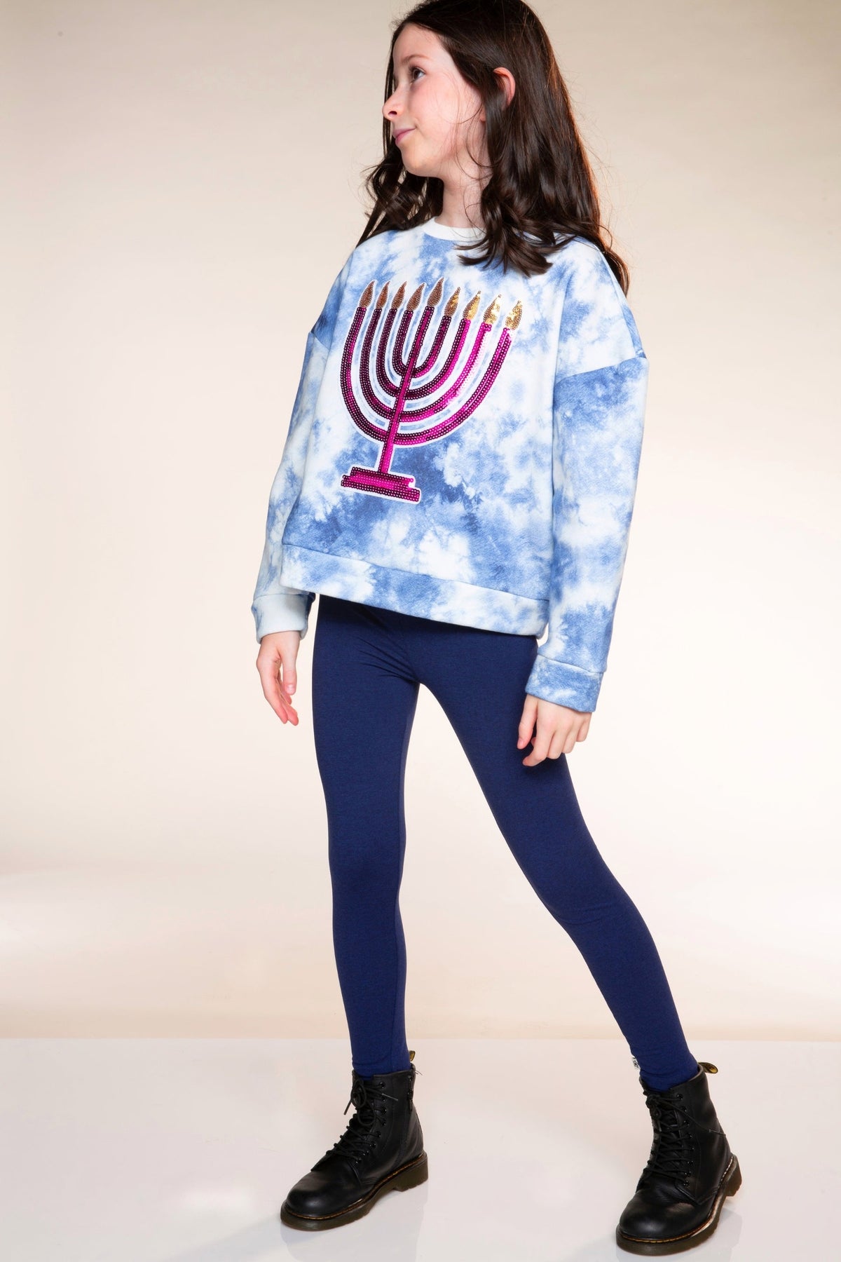 Cloud Soft French Terry Crew Sweatshirt - Blue Ivory Tie Dye Pink Menorah Sequin - NEW!