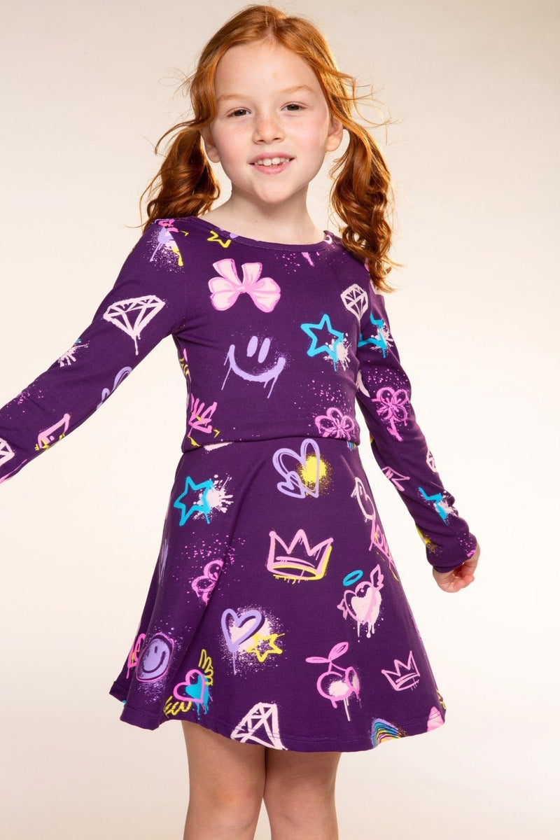 Simply Soft Long Sleeve Skater Dress - Dk Purple Rainbow Graffiti - NEW!