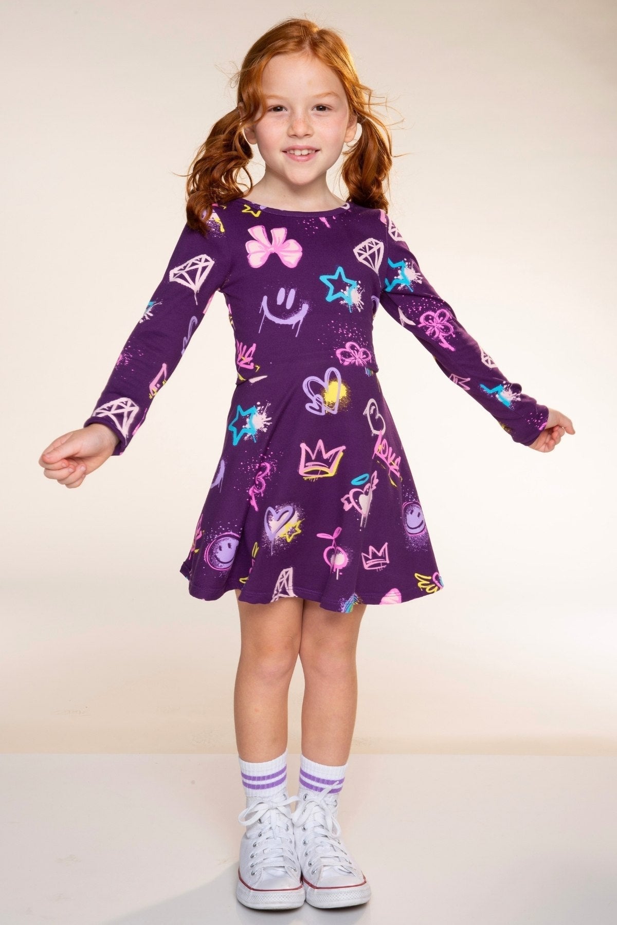 Simply Soft Long Sleeve Skater Dress - Dk Purple Rainbow Graffiti - NEW!