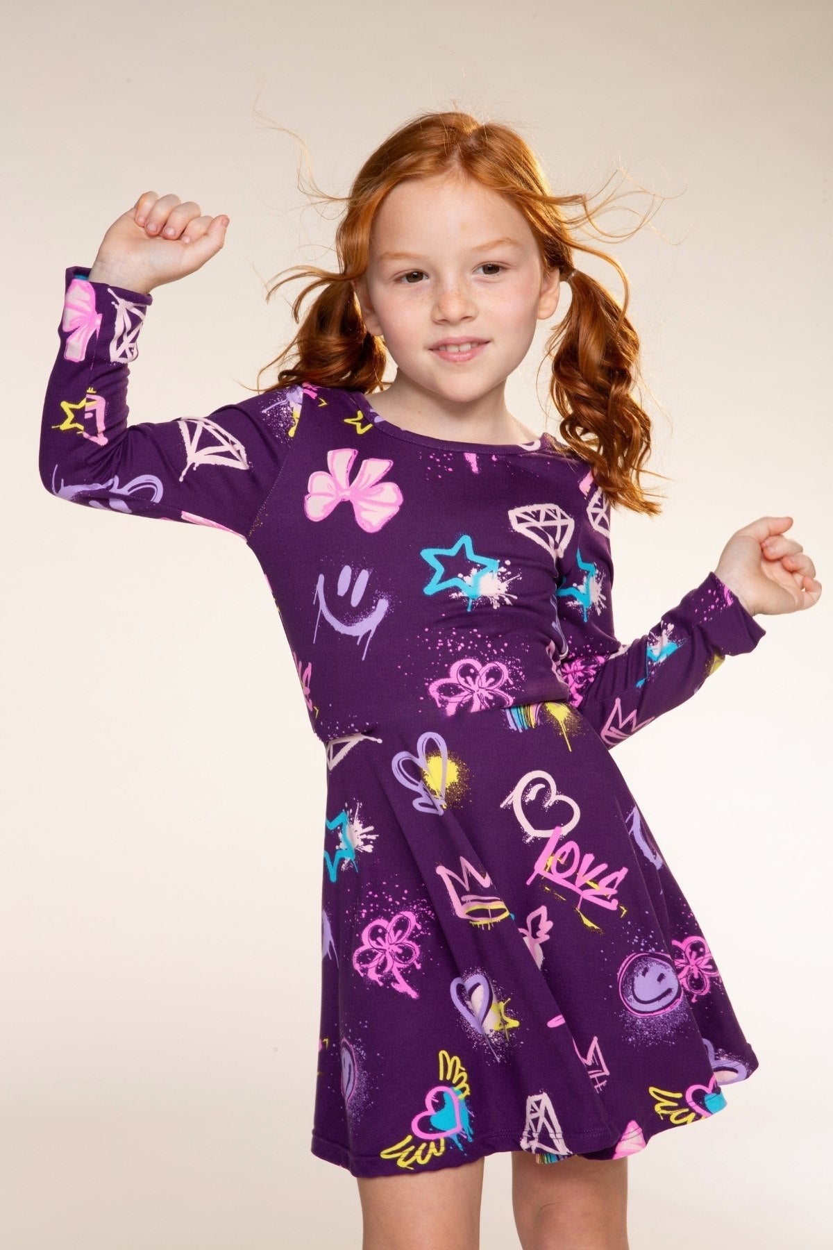 Simply Soft Long Sleeve Skater Dress - Dk Purple Rainbow Graffiti - NEW!
