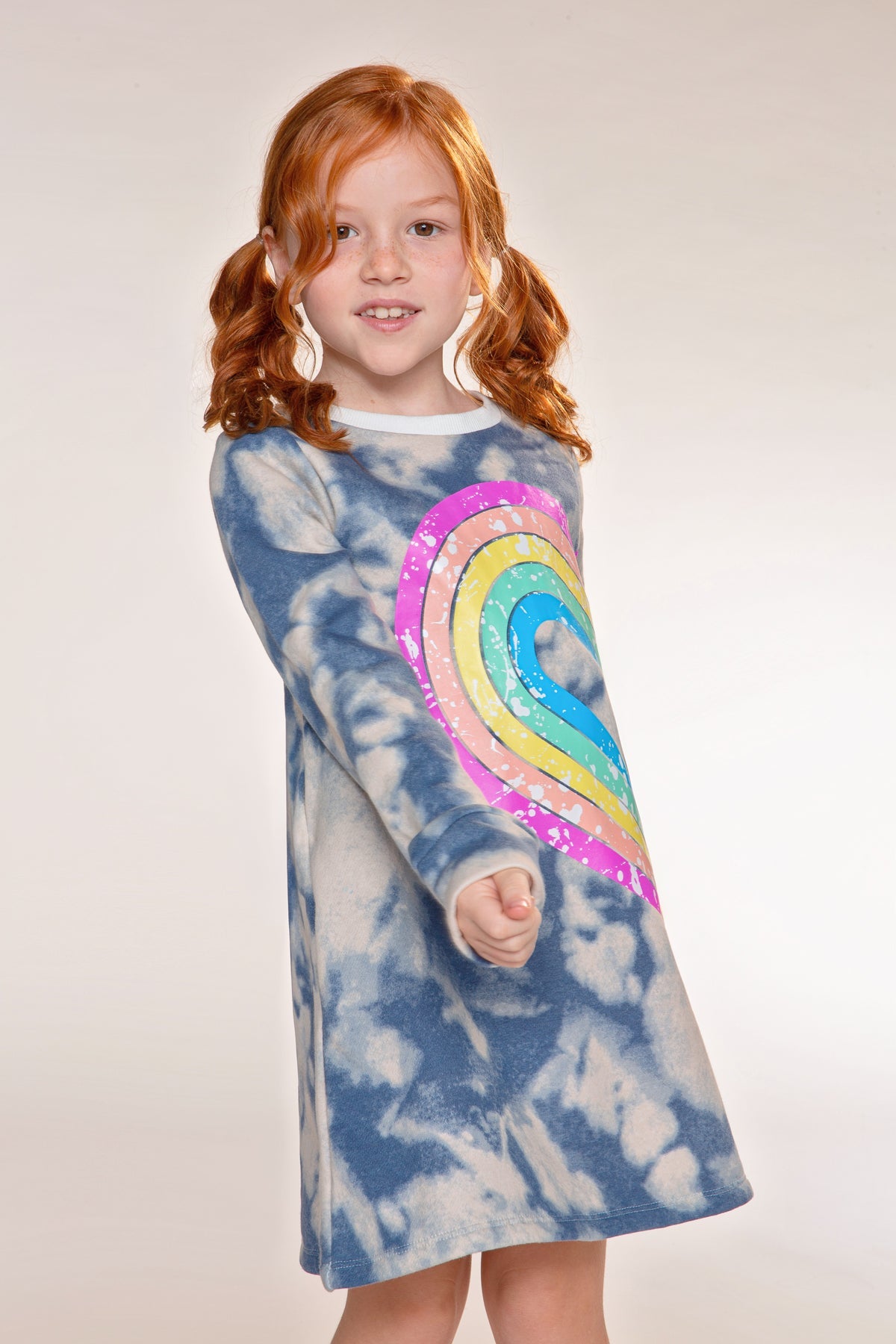 Cloud Soft French Terry Swing Dress - Denim Tie Dye Rainbow Heart - NEW!