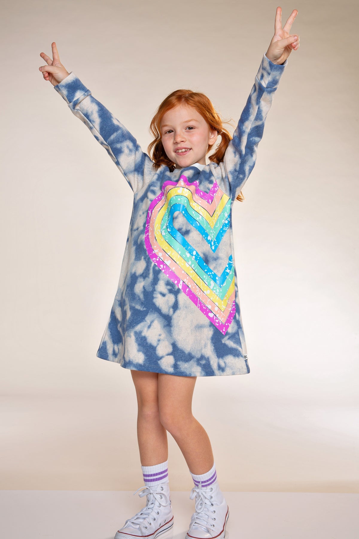 Cloud Soft French Terry Swing Dress - Denim Tie Dye Rainbow Heart - NEW!