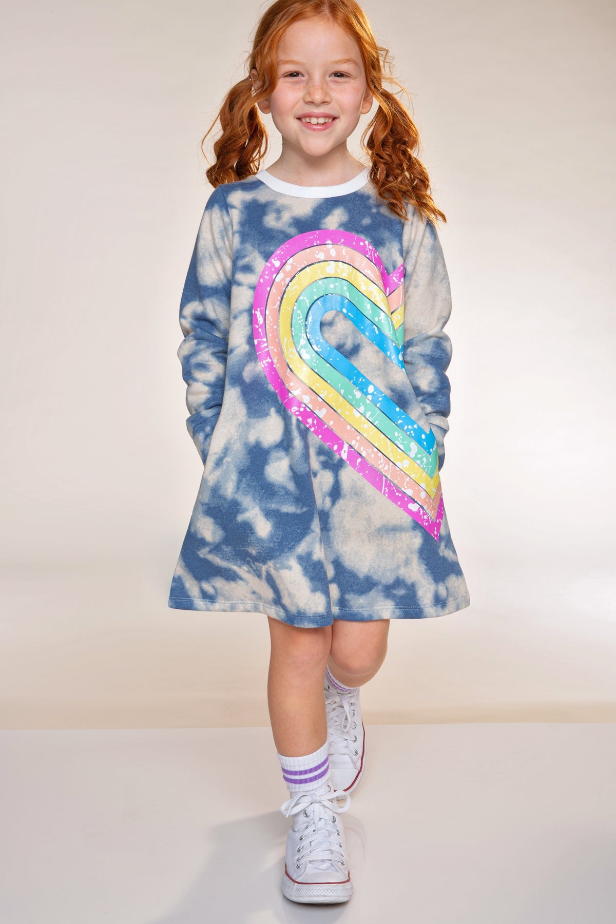 Cloud Soft French Terry Swing Dress - Denim Tie Dye Rainbow Heart - NEW!