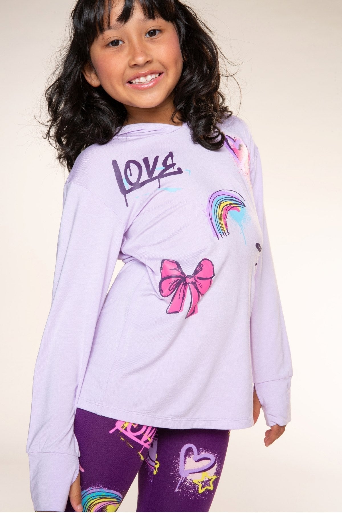 Modal Knit Hoodie Pullover W/Thumbholes - Lavender Rainbow Graffiti - NEW!