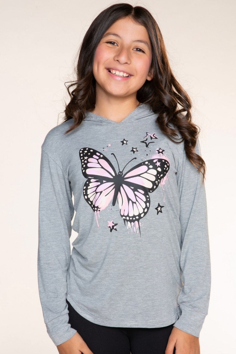 Modal Knit Hoodie Pullover W/Thumbholes - Heather Grey Butterfly - NEW!