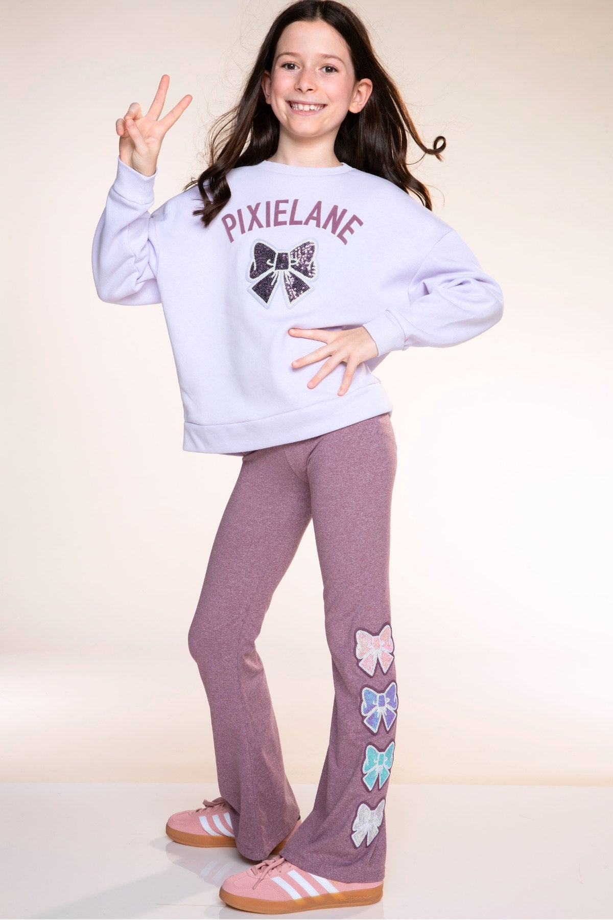 Cloud Soft French Terry Heavyweight Long Sleeve Crew Sweatshirt - Lilac PixieLane Sequin Bow - NEW!