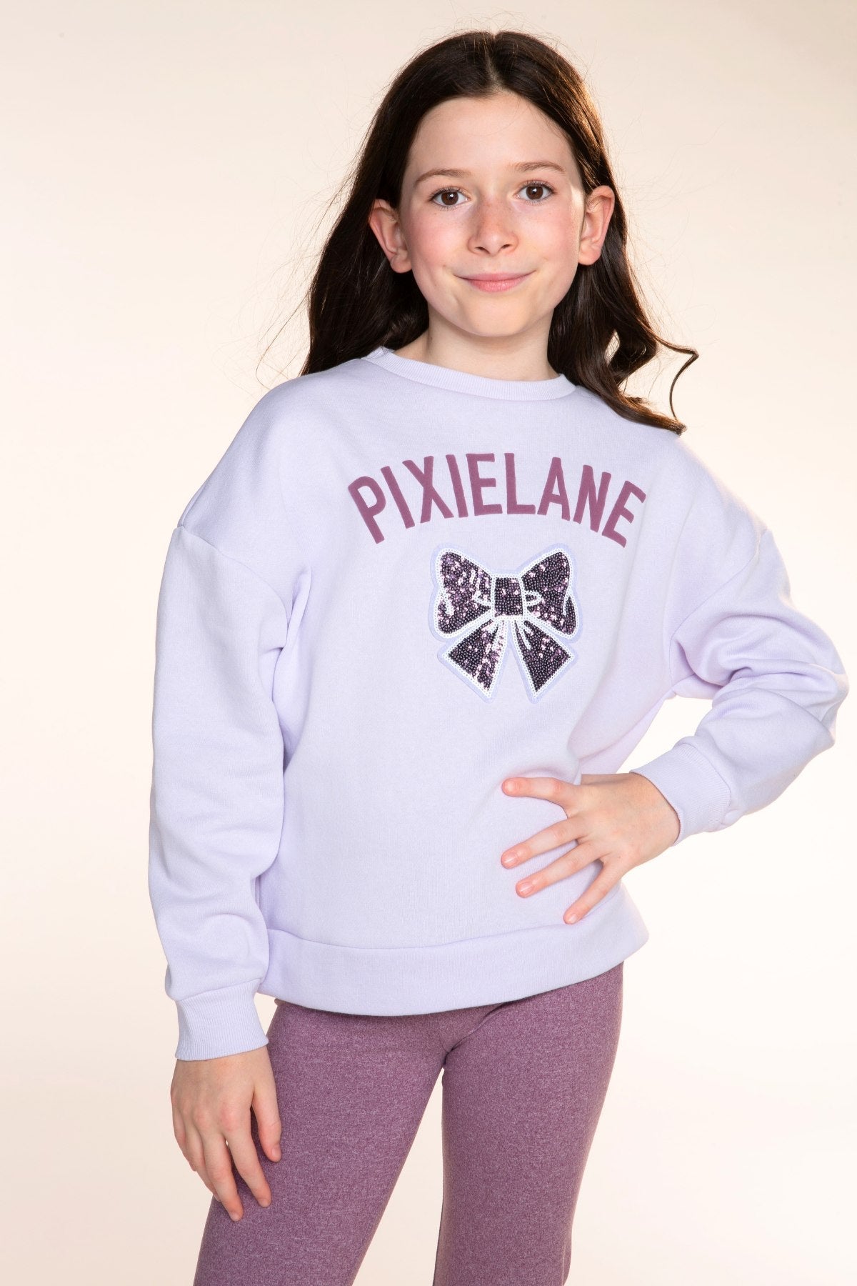 Cloud Soft French Terry Heavyweight Long Sleeve Crew Sweatshirt - Lilac PixieLane Sequin Bow - NEW!