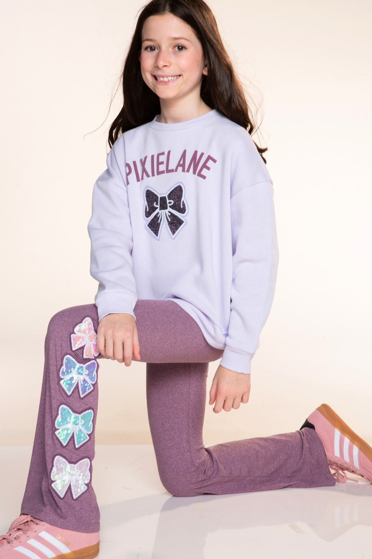 Cloud Soft French Terry Heavyweight Long Sleeve Crew Sweatshirt - Lilac PixieLane Sequin Bow - NEW!