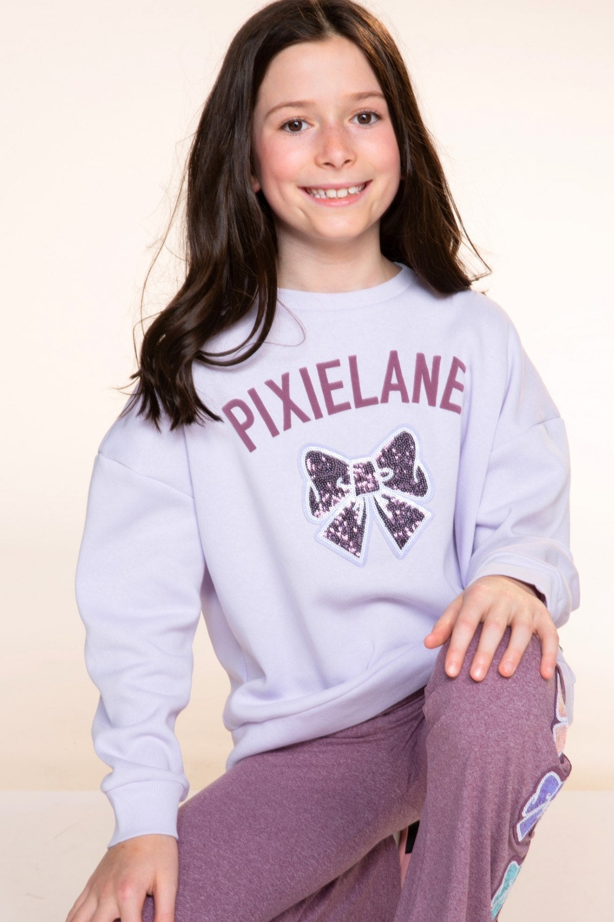 Cloud Soft French Terry Heavyweight Long Sleeve Crew Sweatshirt - Lilac PixieLane Sequin Bow - NEW!