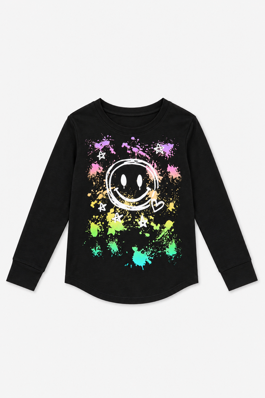 Modal Long Sleeve Shirttail Top in Black Smile Rainbow Splatter
