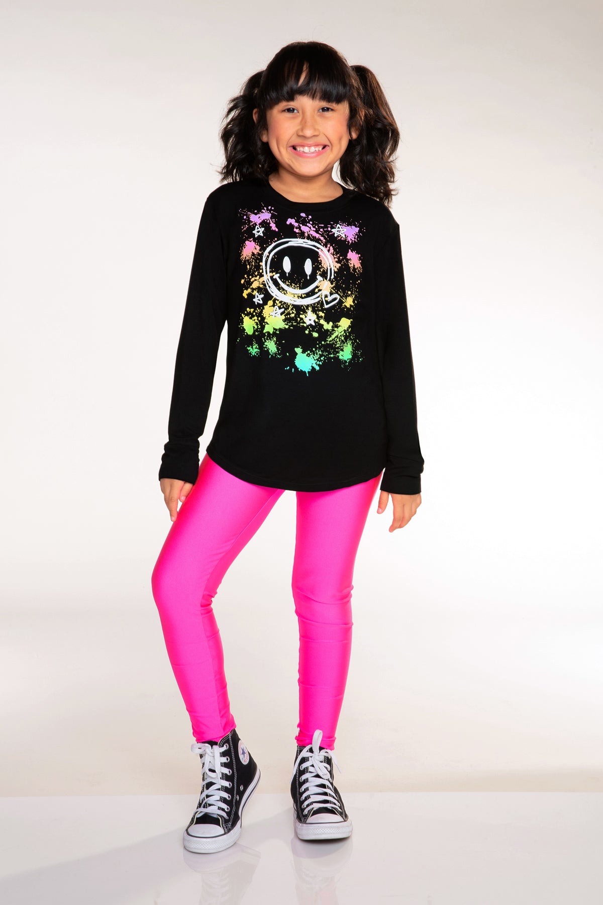 Modal Long Sleeve Shirttail Top - Black Smile Rainbow Splatter - NEW!