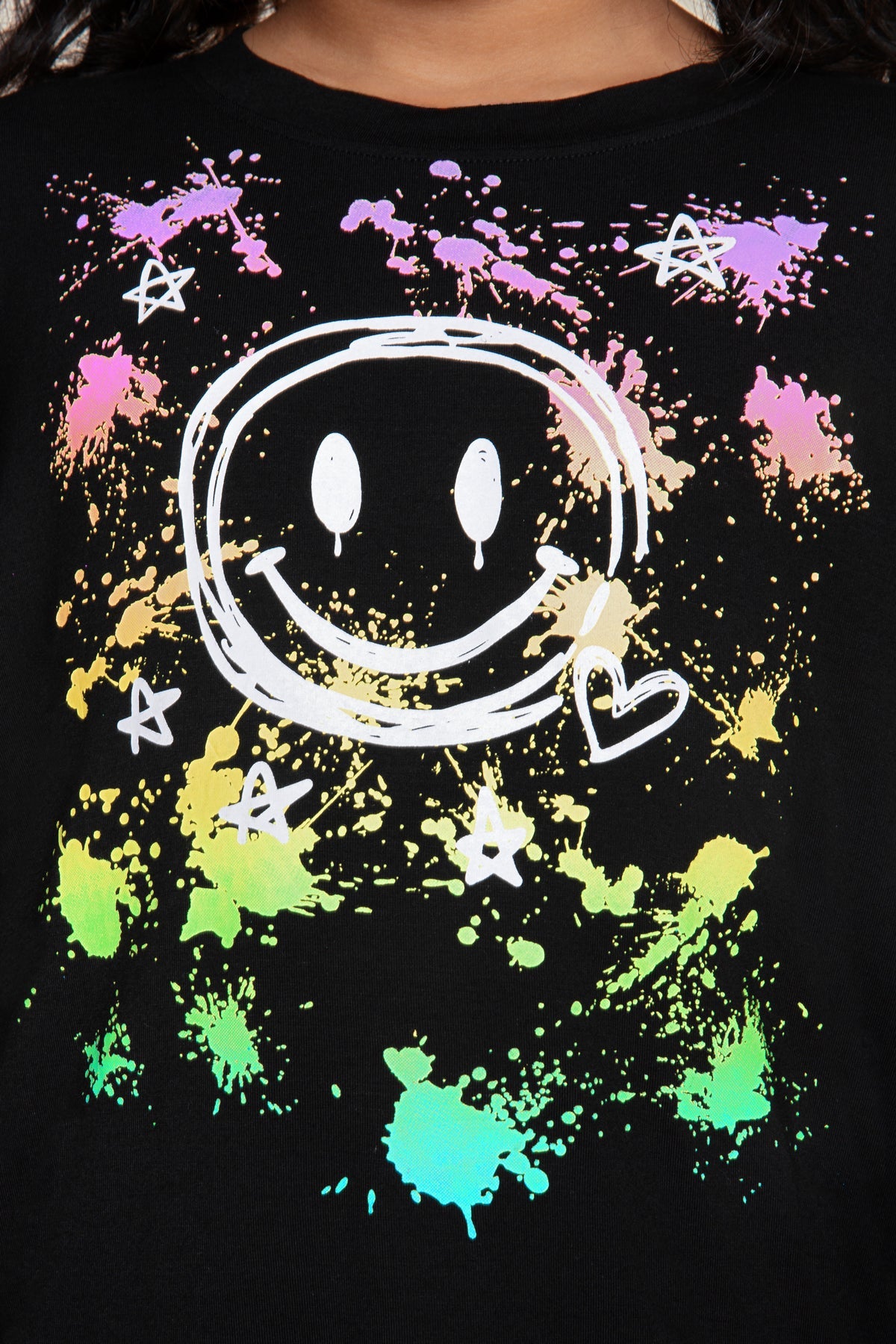 Modal Long Sleeve Shirttail Top - Black Smile Rainbow Splatter - NEW!