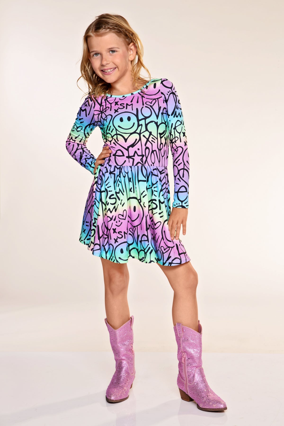 Simply Soft Long Sleeve Scoop Back Be Happy Dress - Rainbow Ombre Love Smile Graffiti - NEW!
