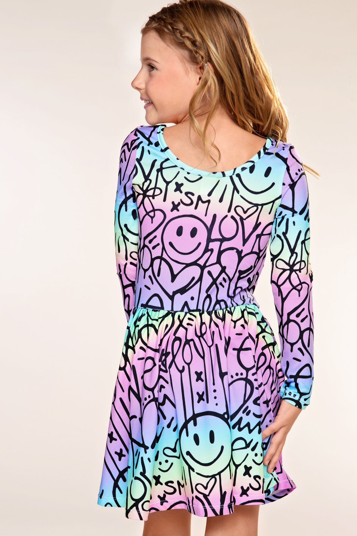 Simply Soft Long Sleeve Scoop Back Be Happy Dress - Rainbow Ombre Love Smile Graffiti - NEW!