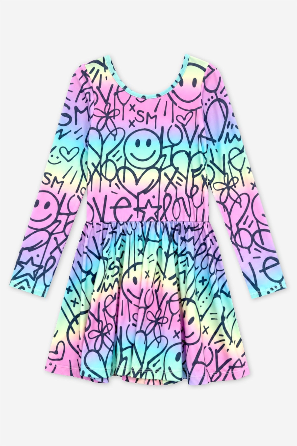 Simply Soft Long Sleeve Scoop Back Be Happy Dress - Rainbow Ombre Love Smile Graffiti - NEW!