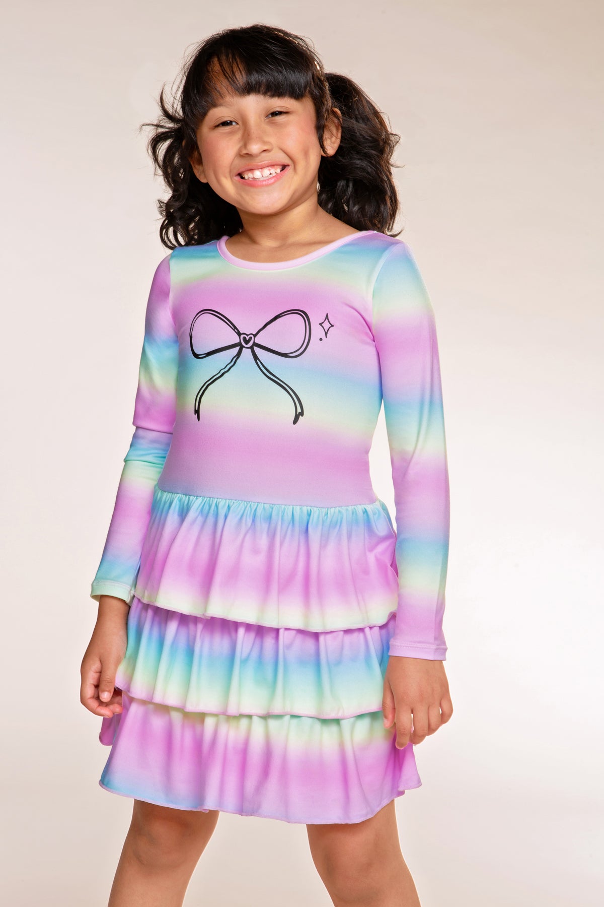 Simply Soft Long Sleeve Triple Ruffle Skirt Dress - Denim Rainbow Splatter - NEW!