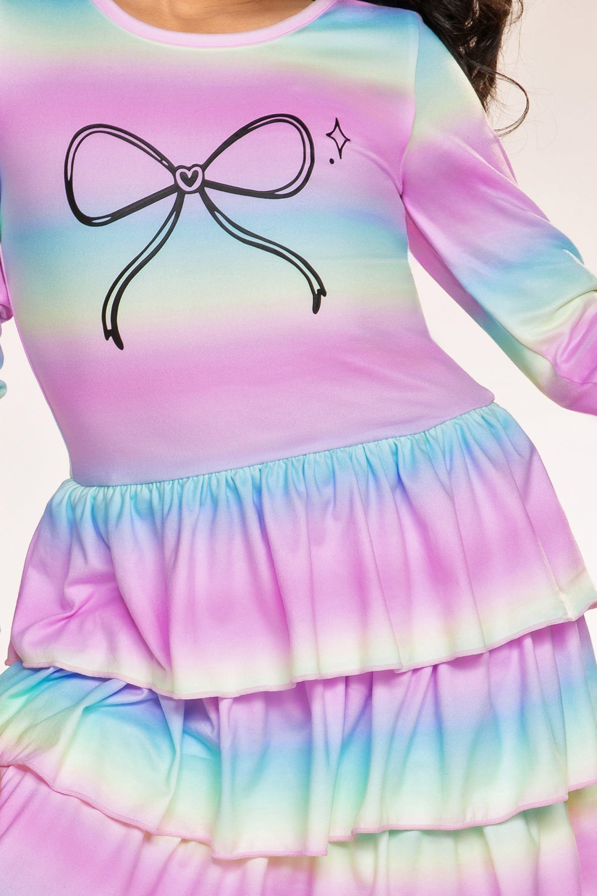 Simply Soft Long Sleeve Triple Ruffle Skirt Dress - Denim Rainbow Splatter - NEW!