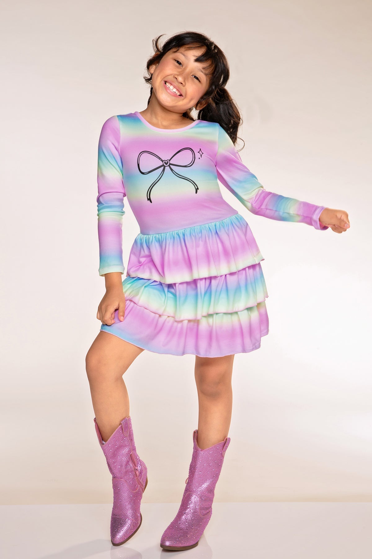 Simply Soft Long Sleeve Triple Ruffle Skirt Dress - Denim Rainbow Splatter - NEW!