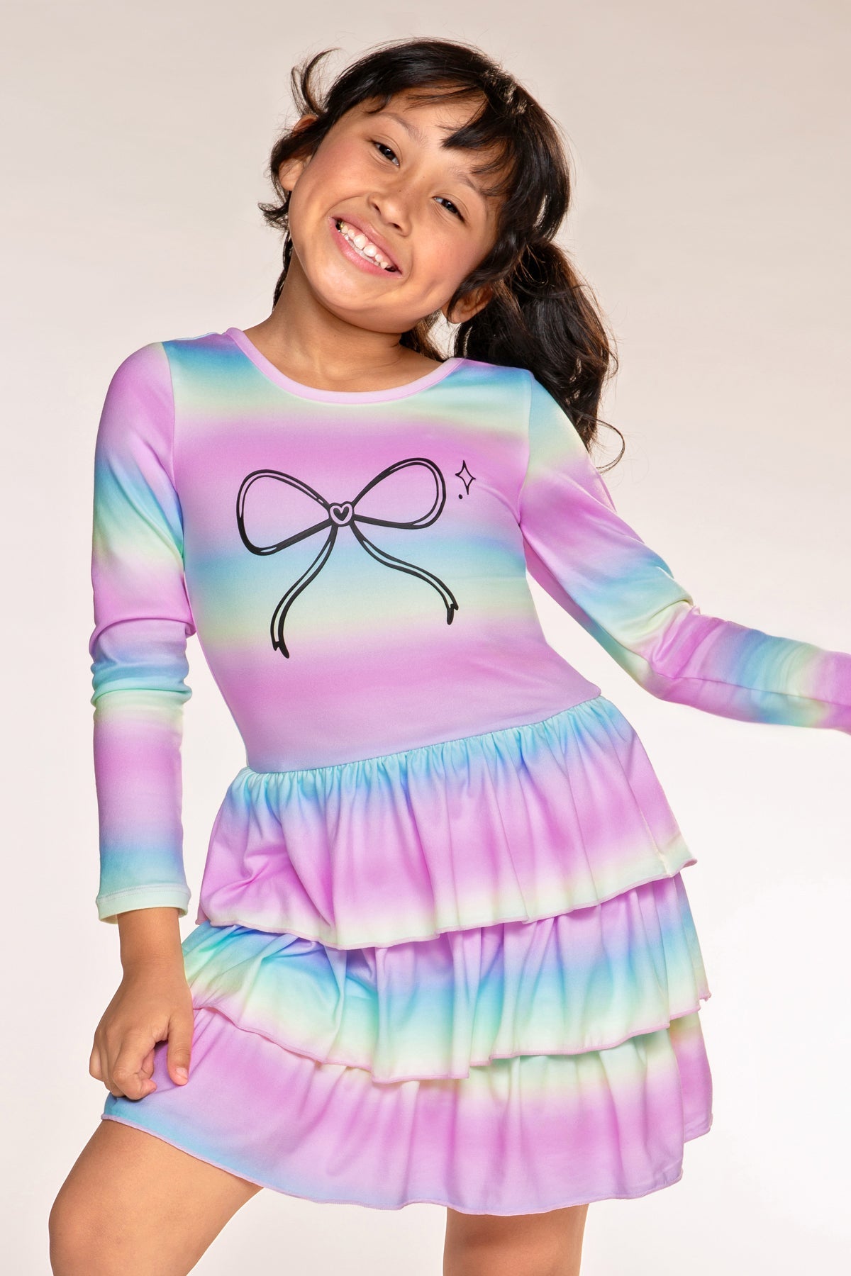 Simply Soft Long Sleeve Triple Ruffle Skirt Dress - Denim Rainbow Splatter - NEW!