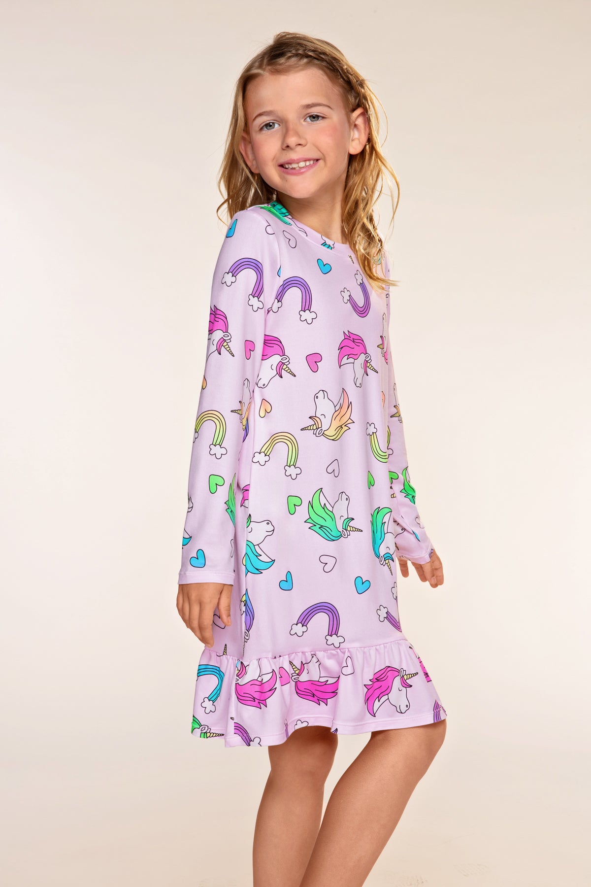 Simply Soft Long Sleeve Ruffle Lounge Dress - Pink Rainbow Unicorn - NEW!