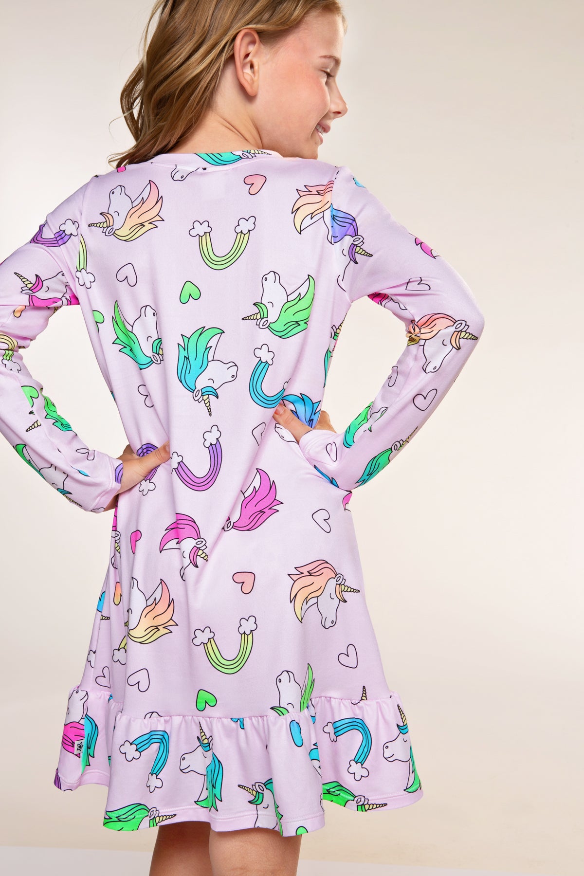 Simply Soft Long Sleeve Ruffle Lounge Dress - Pink Rainbow Unicorn - NEW!