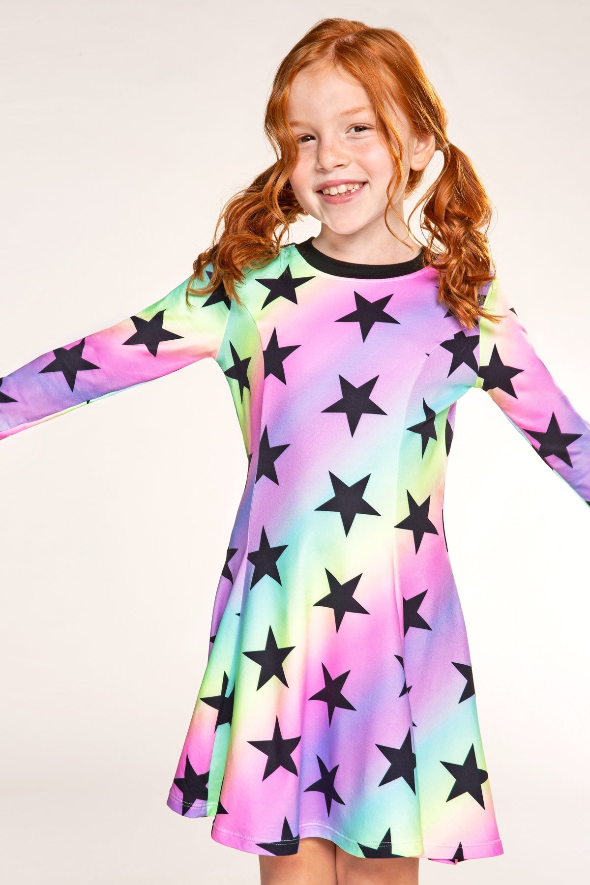 Simply Soft Long Sleeve Twirl Dress - Rainbow Star - NEW!