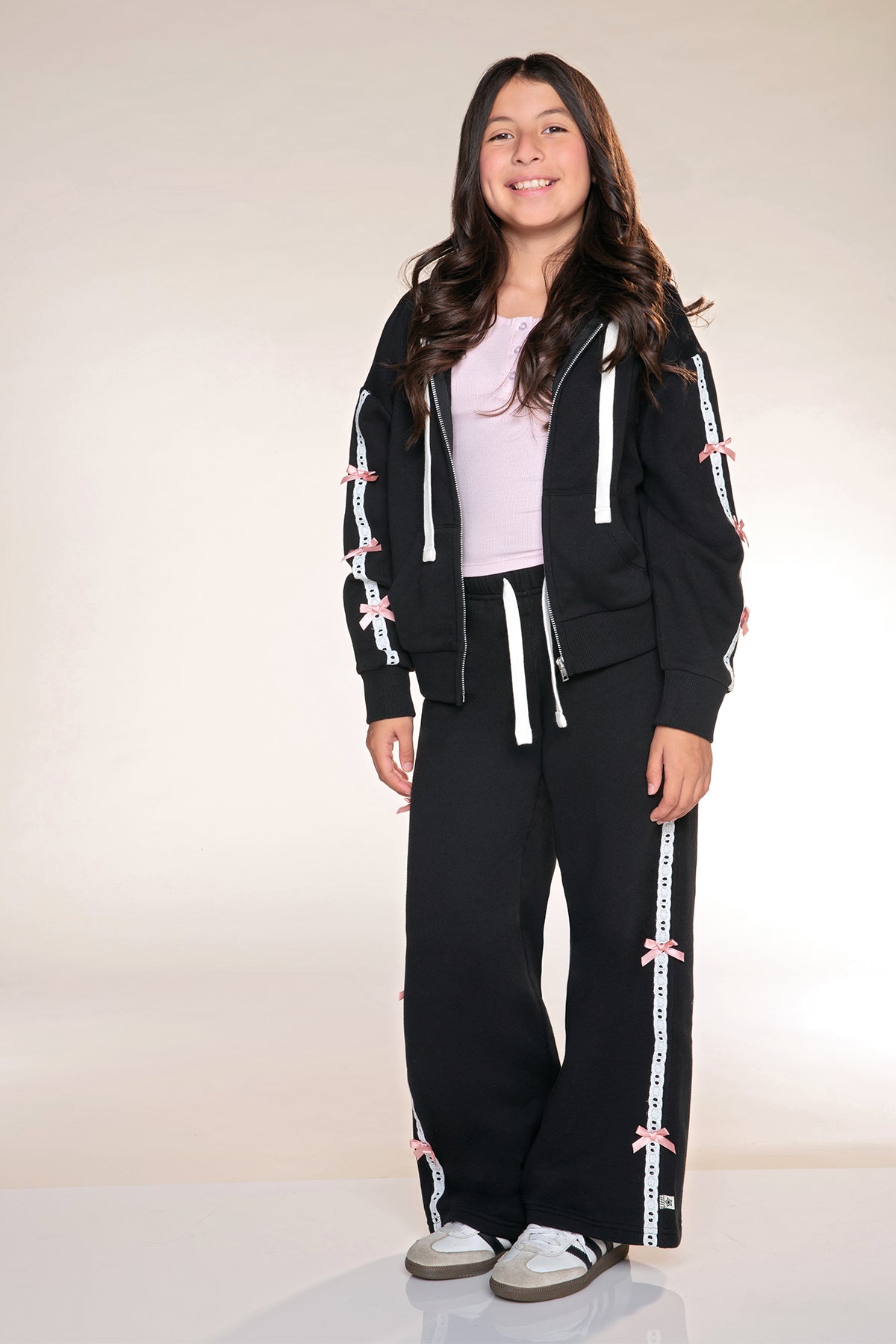 Butter French Terry Drop Shoulder Zip Hoodie - Black Pink Bow - NEW!